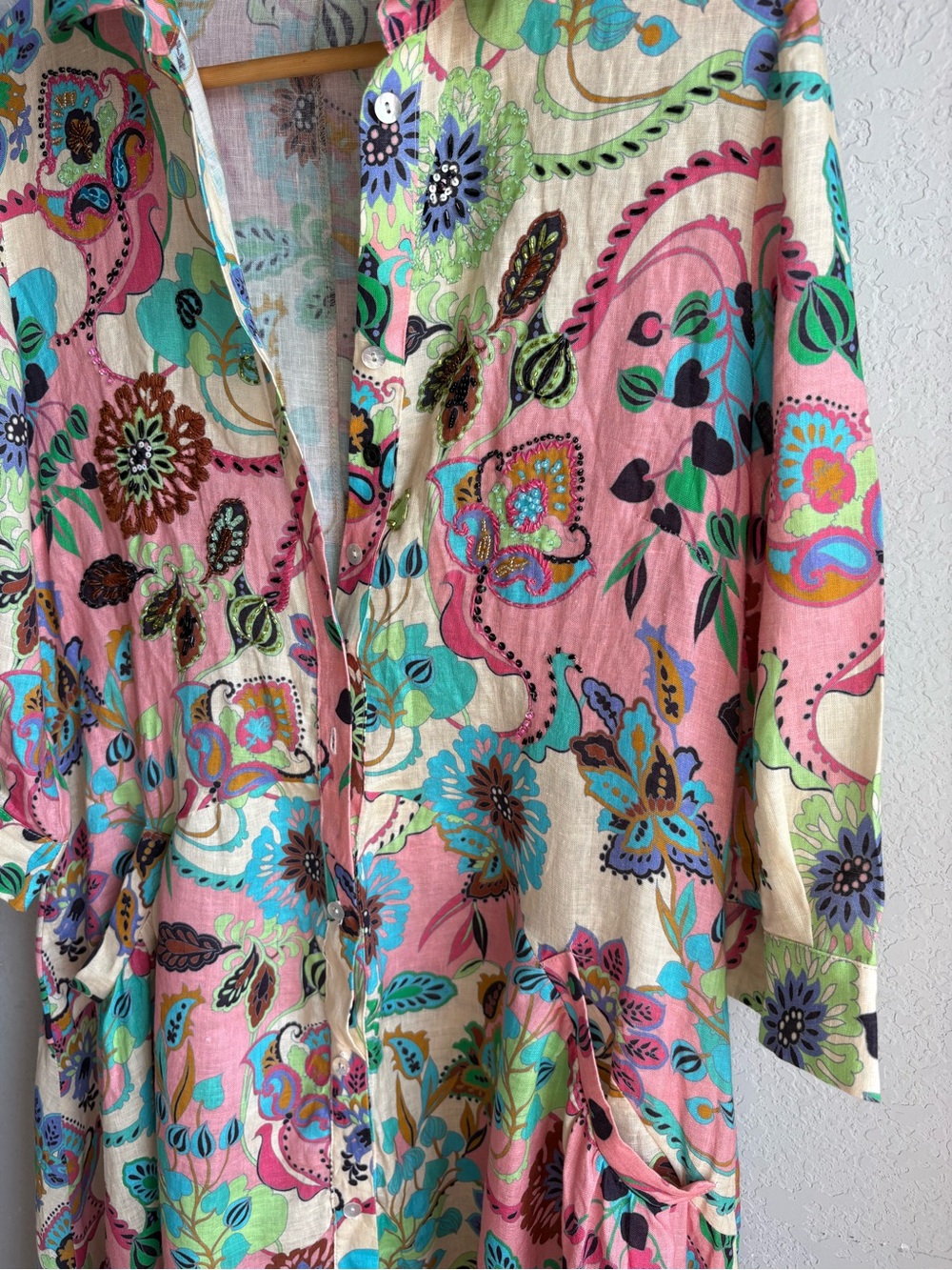 Anjuna Collection Embellished Floral Cotton Maxi Shirt Dress US12 Made in Italy - Picture 3 of 16